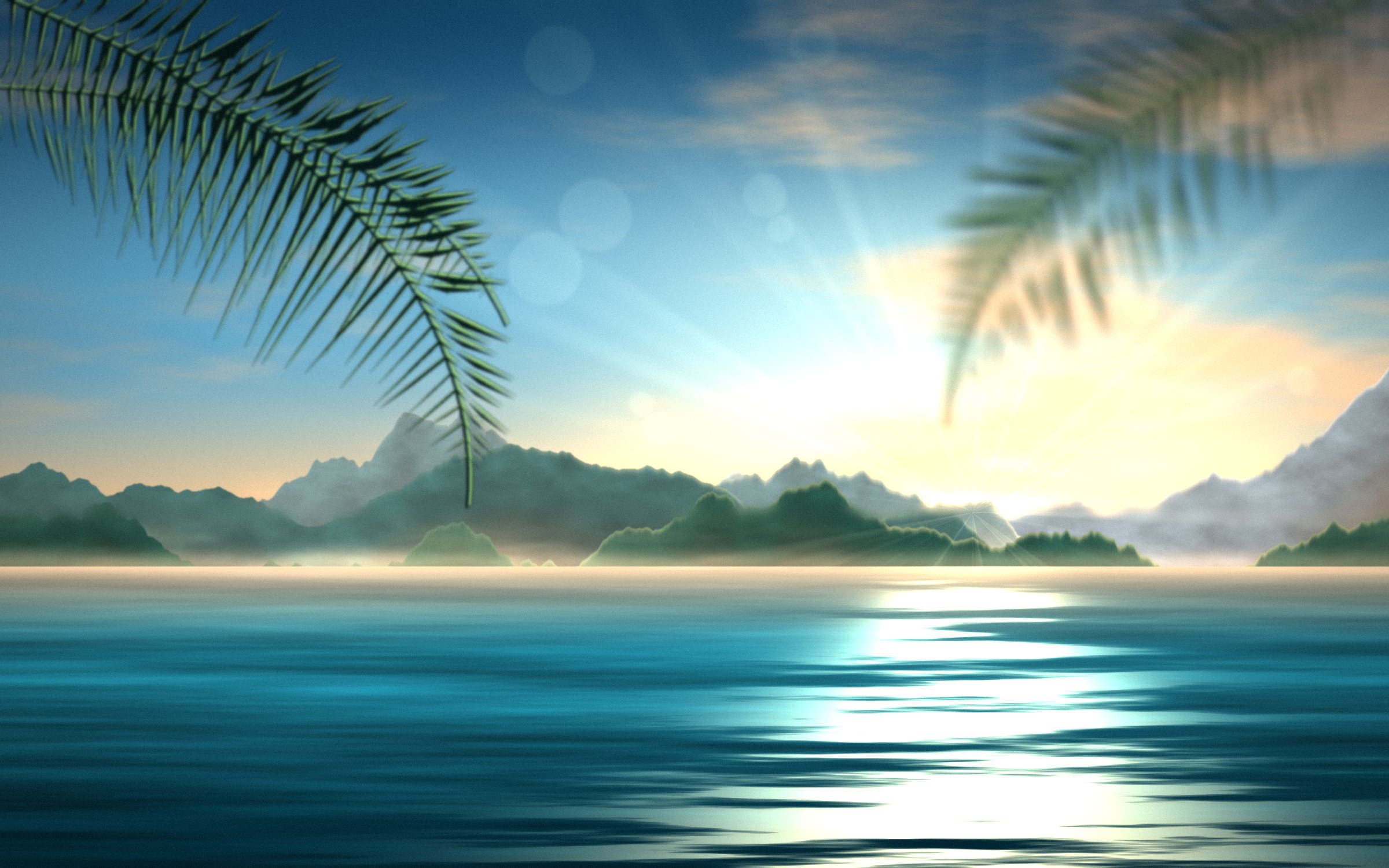 Sunrise over a tropical bay in Papua New Guinea, with a palm frond in the foreground